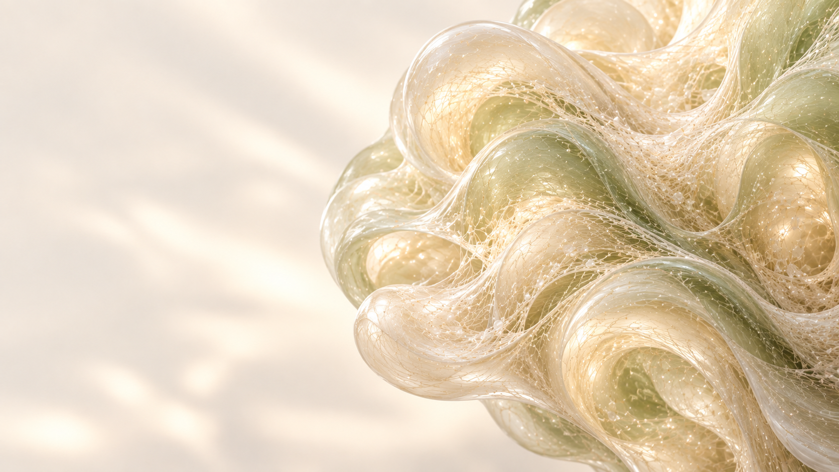 Forme organique nacrée, fibres fines et lumière interne : matière visuelle créée pour l’identité Mycélium.