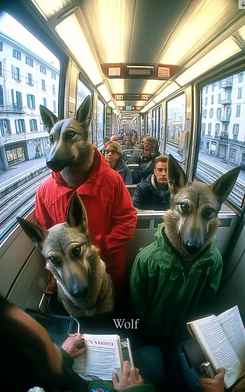 Des loups anthropomorphes en vêtements de ville, assis dans un tram parmi les voyageurs