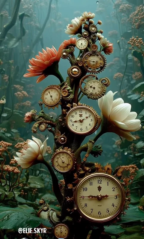 Des horloges et des fleurs mêlées sur une même branche, dans une forêt sous-marine