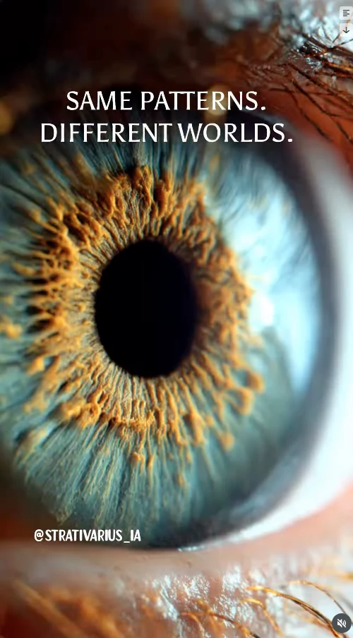 Macro d’un œil bleu et orangé, avec la phrase « Same patterns. Different worlds. »