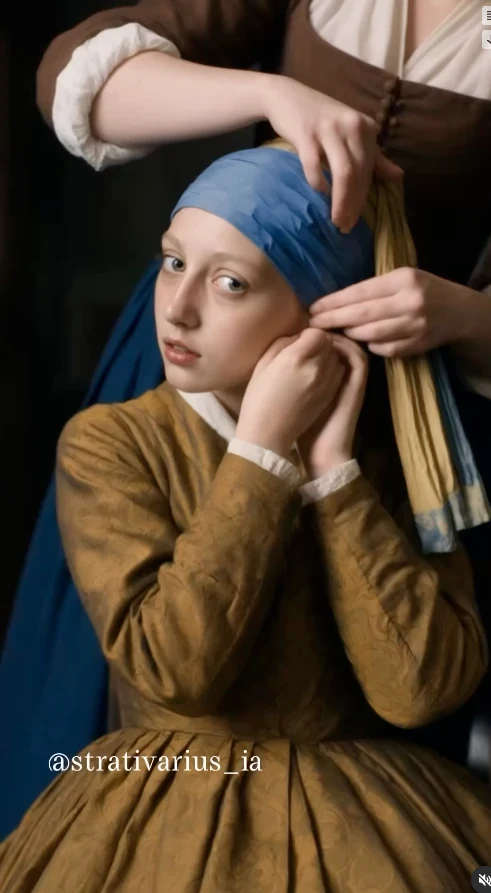 Une jeune femme au turban bleu ajuste sa coiffe, dans un tableau ancien animé