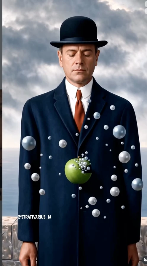 Un homme en chapeau melon et manteau sombre, devant lui une pomme verte et des bulles en suspension