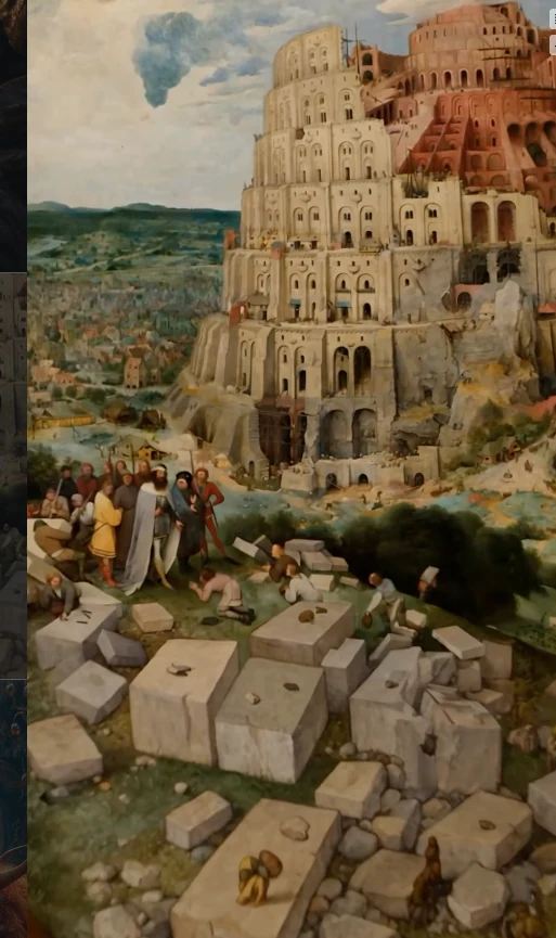 La Tour de Babel, vue depuis le premier plan et ses blocs de pierre