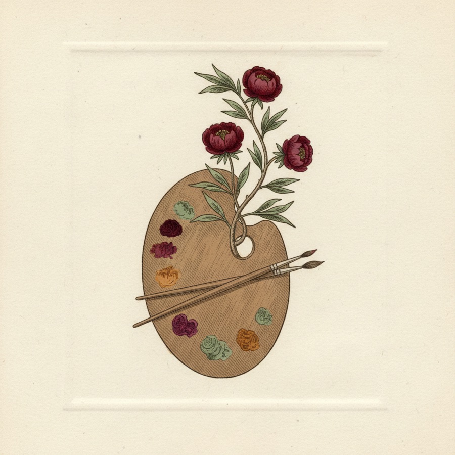 Une palette de peintre d’où pousse une branche fleurie